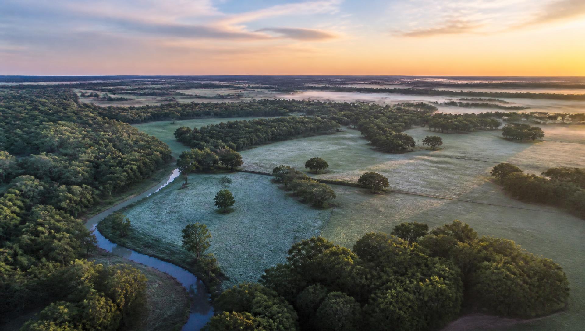 Aerial view of Texas ranch land at dawn with a winding creek and oak groves